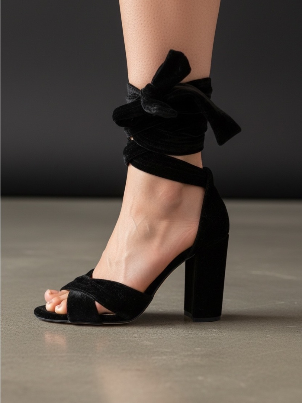 JustFab Black Velvet Wrap-Ankle Block Heels